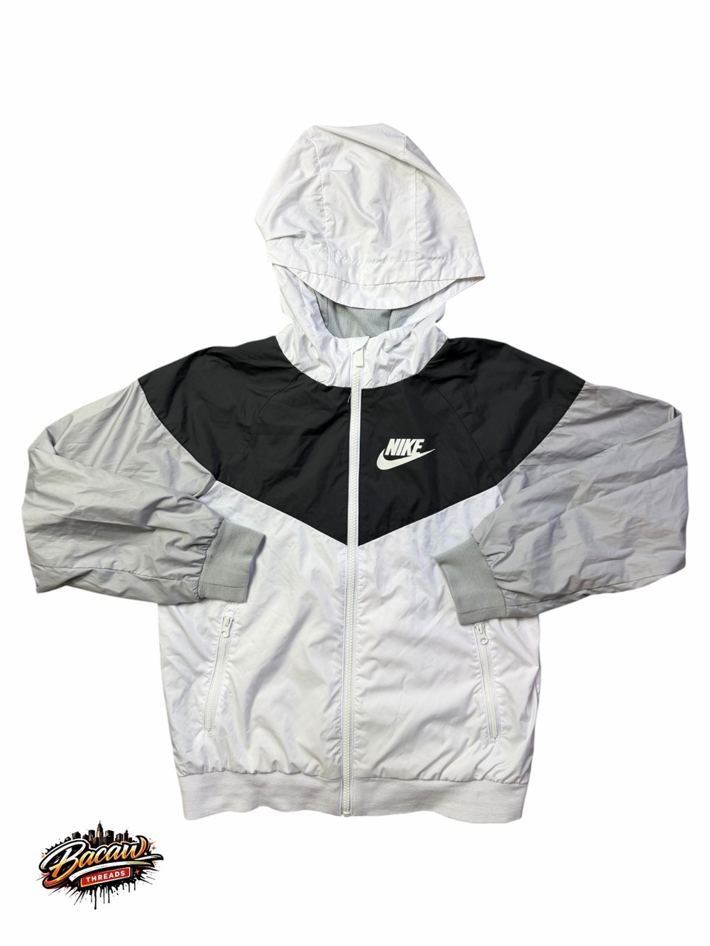 Nike Kids Medium white, gray & black Hooded Full-Zip Windbreaker Jacket